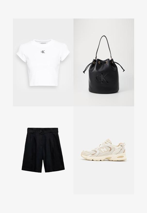Bílé zkrácené tričko vyrobené z ribkované látky. Má kulatý výstřih a krátké rukávy. Na hrudi je černě vyšitý logo "cK".; Černé lněné šortky s volným střihem, se zapínáním na pásek, sklady a dvěma postranními kapsami. Hladká textura s jednobarevným provedením.; Béžové sportovní boty s síťovinou a syntetickými vrstvami, mají texturovaný povrch, polstrovaný límec a odpružení "ABZORB" v patě.; Černá kožená kabela ve tvaru kyblíku s utažením na šňůru, s lesklým logem "CK" na přední straně a zlatými kovovými detaily.