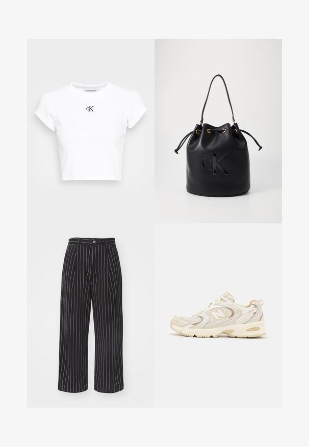 Biała krótka koszulka z materiału prążkowanego. Posiada okrągły dekolt i krótkie rękawy. Czarne haftowane logo "cK" na piersi.; Czarne spodnie w szerokim kroju w paski o wysokim stanem, z zapięciem na guziki z przodu i subtelną, teksturowaną tkaniną.; Beżowe buty sportowe z siateczkowymi i syntetycznymi nakładkami, z teksturowaną powierzchnią, wyściełanym kołnierzem oraz amortyzacją "ABZORB" w pięcie.; Czarna skórzana torba typu bucket z zaciąganym zamknięciem, z błyszczącym logo "CK" z przodu i złotymi akcentami.