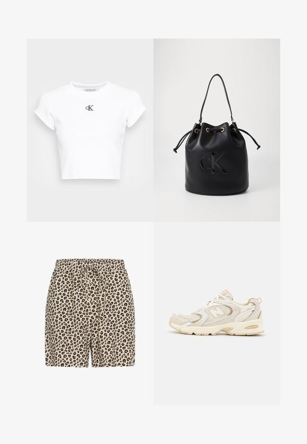 T-shirt blanc court en tissu côtelé. Présente un col rond et des manches courtes. Logo "cK" brodé noir sur la poitrine.; Shorts en imprimé léopard beige avec des taches noires et marron. Dotés d'une taille élastique avec un cordon de serrage pour un ajustement. Matériau léger.; Chaussures de sport beiges avec des superpositions en mesh et en synthétique, présentant une surface texturée, un col rembourré et un amorti "ABZORB" au niveau du talon.; Sac seau en cuir noir avec fermeture à cordon, arborant un logo "CK" brillant sur le devant et des accents en métal doré.