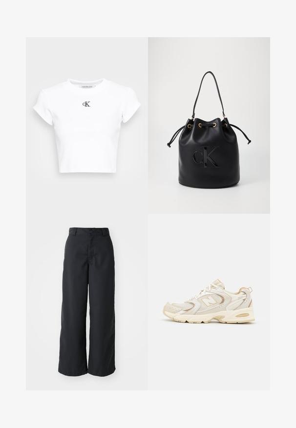 Hvid cropped t-shirt lavet af ribbet stof. Har en rund halsudskæring og korte ærmer. Sort broderet "cK" logo på brystet.; Sorte breddebenede bukser lavet af glat stof, med knaplukning og sidelommer, med et rent design og skræddersyet silhuet.; Beige atletik sko med mesh og syntetiske overlejringer, med en tekstureret overflade, polstret krave og "ABZORB" dæmpning ved hælen.; Sort læder bucket bag med snørelukning, der har et glosseret "CK" logo foran og hardware accenter i guld-tone.