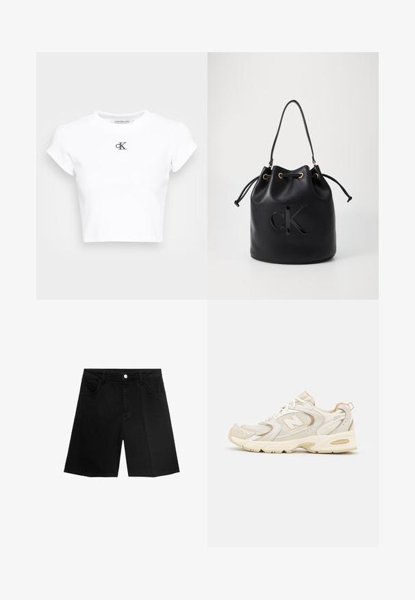 Bijela skraćena majica od rebrastog materijala. Ima okrugli izrez i kratke rukave. Crni izvezeni "cK" logo na prsima.; Crni traper šortsevi s ravnim krojem, pet džepova i zatvaranjem na srebrni gumb. Glatka tekstura s minimalnim detaljima šavova.; Bež sportske cipele s mrežastim i sintetičkim prekrivačima, sa teksturiranom površinom, ojačanim okovratnikom i "ABZORB" jastučićem na peti.; Crna kožna torba u obliku kante s zatvaranjem na vezicu, koja na prednjoj strani ima sjajni "CK" logo i zlatne metalne detalje.