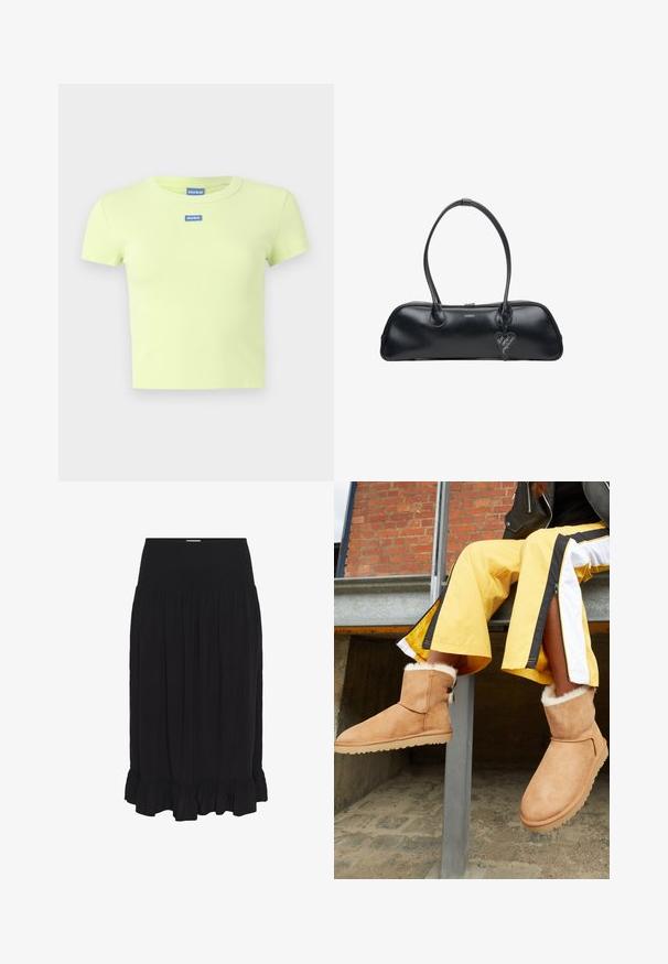 Kurzärmliges, geripptes Baumwoll-T-Shirt in hellem Limettengrün mit zwei blauen Hugo-Logos auf der Vorderseite. Klassischer Rundhalsausschnitt.; Schwarze Midikombination mit einem gerafften Bund, aus leichtem Stoff, mit Falten und einem gerafften Saum für zusätzliche Details.; Hellbraune Wildleder-Stiefeletten mit flauschigem Innenfutter und flachen Gummisohlen, präsentiert neben gelben Sporthosen mit schwarz-weißen Streifen.; Schwarze Lederhandtasche mit zwei Griffen, ovaler Form, glatter Oberfläche, dezentem Branding und einem herzförmigen Etikett.