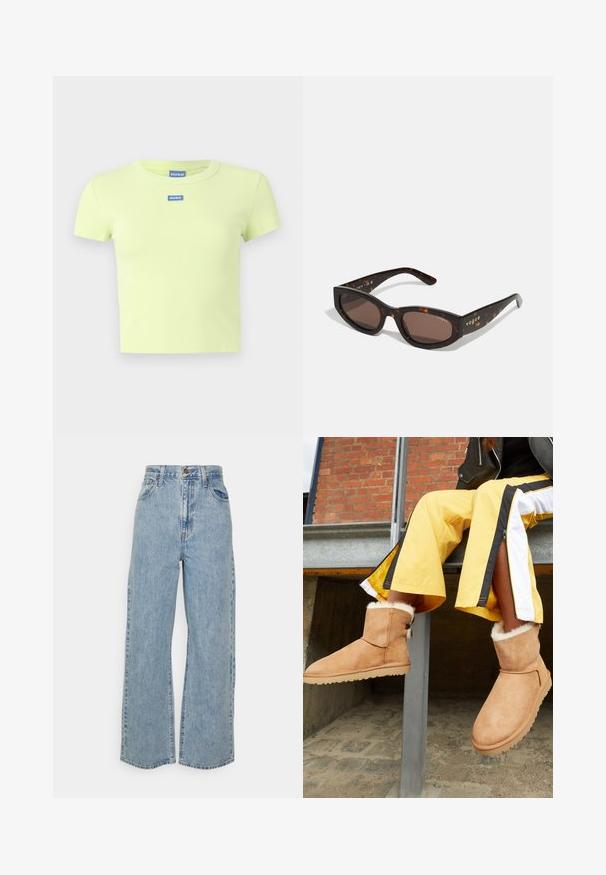 Kurzärmliges, geripptes Baumwoll-T-Shirt in hellem Limettengrün mit zwei blauen Hugo-Logos auf der Vorderseite. Klassischer Rundhalsausschnitt.; Hellblaue, weit geschnittene Jeans mit hoher Taille, vorderem Knopf, Reißverschluss und Fünf-Taschen-Design auf neutralem Hintergrund.; Hellbraune Wildleder-Stiefeletten mit flauschigem Innenfutter und flachen Gummisohlen, präsentiert neben gelben Sporthosen mit schwarz-weißen Streifen.; Braune Schildpatt-Sonnenbrille mit rechteckiger Form, dunklen braunen Gläsern und goldener "Vogue"-Markierung an den Bügeln.; Schwarze Lederhandtasche mit zwei Griffen, ovaler Form, glatter Oberfläche, dezentem Branding und einem herzförmigen Etikett.