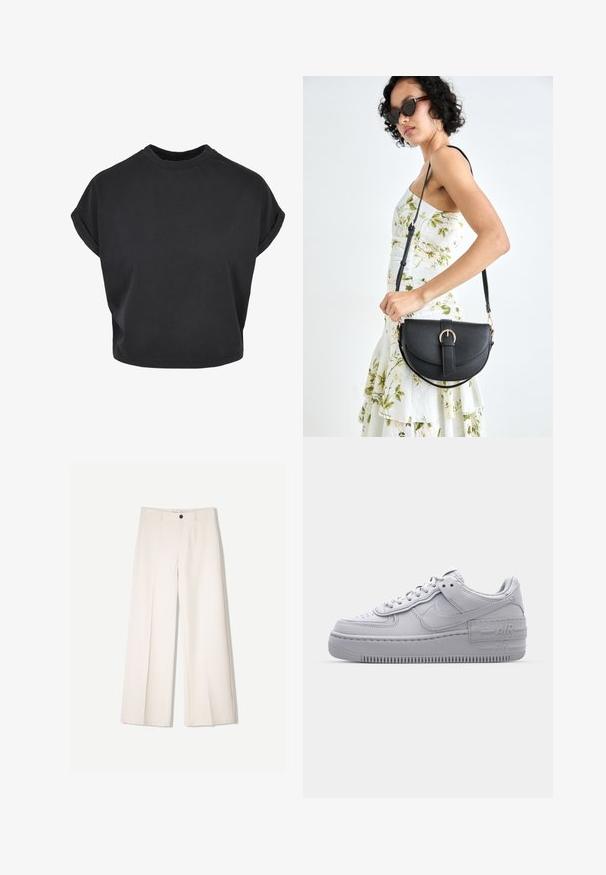 Črna skrajšana majica iz bombaža s kratkimi zavitimi rokavi in krožnim izrezom. Gladka tekstura in minimalističen dizajn.; Kremne široke hlače s krojem, ki vključujejo dve sprednji žepi in en sprednji gumb za zapiranje, izdelane iz gladkega blaga.; Sivi Nike Air Force 1 čevelj z perforiranim prstnim delom, gladkim usnjenim zgornjim delom, debelim podplatom in reliefnim napisom 'AIR' na peti.; Črna usnjena torbica s ukrivljeno obliko, z odstranljivo naramnico in zlatimi dodatki. Torbica ima pokrov s podrobnostmi v obliki zaponke.