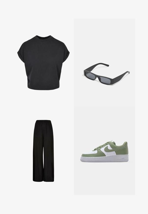 Črna skrajšana majica iz bombaža s kratkimi zavitimi rokavi in krožnim izrezom. Gladka tekstura in minimalističen dizajn.; Črne široke hlače, narejene iz mehke tkanine, z elastičnim pasom in gladko teksturo. Brez vidnih vzorcev ali poudarkov.; Nike Air Force 1 teniske v zeleni in beli usnjeni izvedbi. Nizka zasnova, okrogla nos, teksturiran gumijast podplat ter izrazit logotip swoosh.; Črne pravokotne sončna očala s temnimi lečami in debelimi mat okvirji. Ročaji so rahlo ukrivljeni in imajo gladko teksturo.