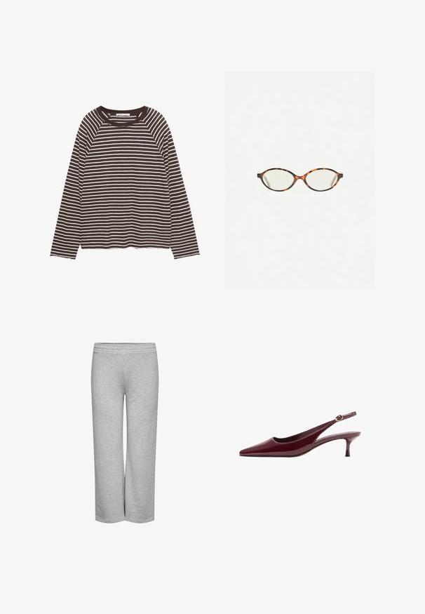 Majica z dolgimi rokavi s črnobelimi vodoravnimi črtami in okroglim izrezom, položena na ravno belo podlago.; Sive hlače s širokimi hlačnicami, mehko teksturo in elastičnim pasom, brez vidnih vzorcev ali kovinskih detajlov.; Burgundska lakirana slingback peta s koničastim vrhom i tankim, elegantnim petama, z značkom zlatnog tona na remenu.; Kornjačaste očala z ovalnimi lečami in gladko, sijočo površino. Imajo tanke stranice z rahlim ovinkom na templjih. Prosojne leče.