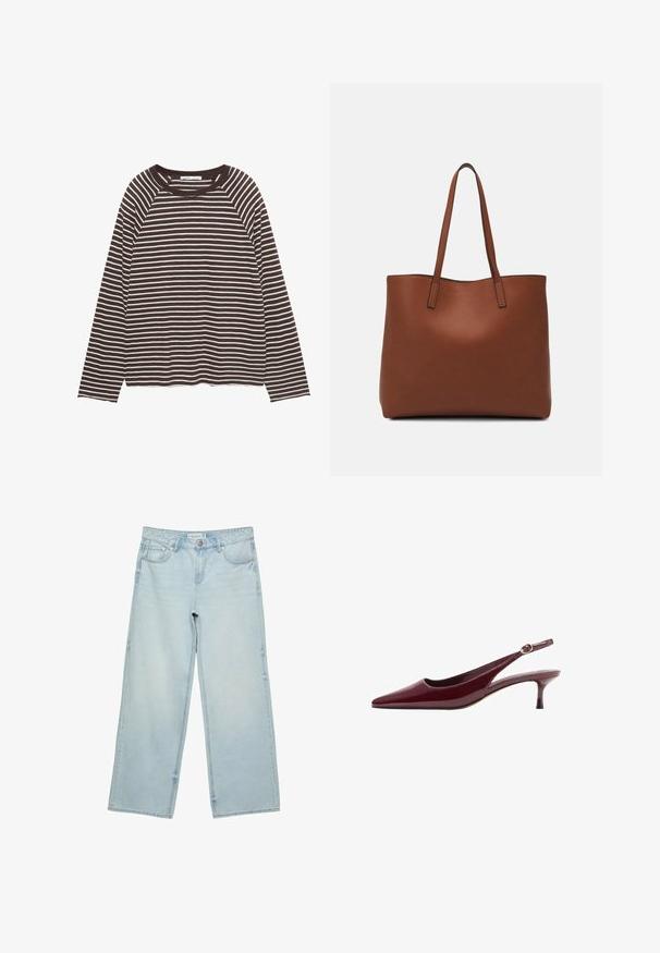 Langärmliges Hemd mit schwarzen und weißen horizontalen Streifen und rundem Ausschnitt, flach auf einem weißen Hintergrund liegend.; Helle blaue, weite Jeans aus Denim mit hoher Taille, fünf Taschen und subtilen Ausbleichungen. Gerader Schnitt mit gesäumten Kanten.; Burgunderfarbene, patentierte Slingback-Pumps mit spitzem Zehenbereich und dünnem, elegantem Absatz, ausgestattet mit einer Schnalle in Goldoptik am Riemen.; Braune Leder-Tote mit glatter Textur, offenem Oberteil und zwei Schulterriemen. Verfügt über minimale Nähte und keine sichtbaren Beschläge.