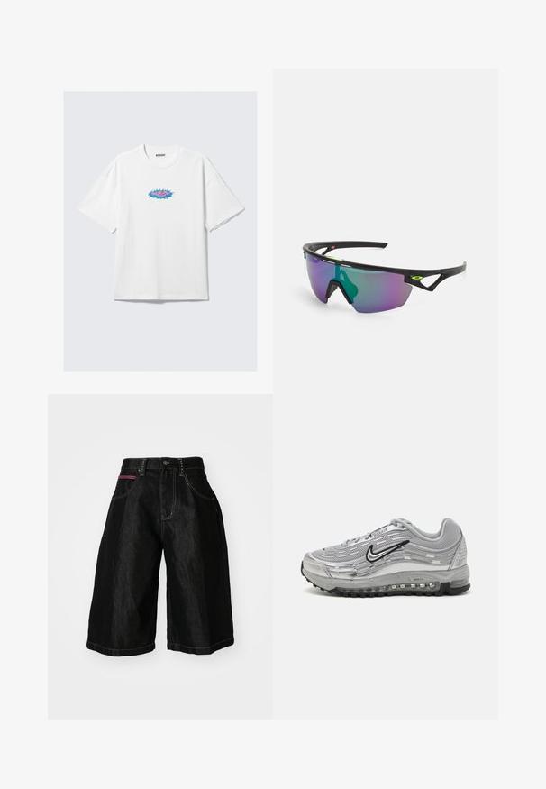 Vit bomullströja med oversized passform, med en färgglad grafisk design i rosa och blått på framsidan. Rund hals, korta ärmar.; Svarta denimshorts med vida ben, som har fem fickor, en knäppning och kontrasterande sömmar. En ficka har en röd accent.; Grå Nike Air Max sneakers med en överdel i mesh och syntetmaterial, vågmönster, svarta detaljer och en synlig luftkuddenhet.; Sportiga solglasögon med svart ram, stora gradientlinser som har lila och gröna nyanser, samt vinkelräta designaccenter med logotypdetalj.