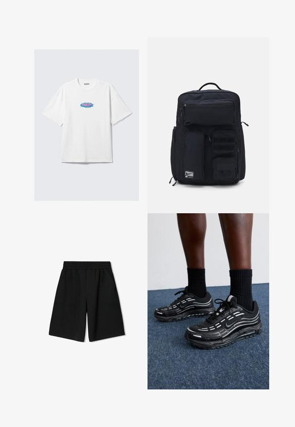 Valkoinen puuvillainen t-paita, jossa on ylipitkä istuvuus. Etupuolella on värikäs graafinen kuvio pinkillä ja sinisellä. Pyöreä kaula-aukko, lyhyet hihat.; Mustat puuvillashortsit, joissa on joustava vyötärö, sivutaskut ja rento leikkaus. Shortseissa on sileä pinta ja suora helma.; Mustat Nike-kengät, joissa on verkkomateriaali ja korostetut raidat, teksturoitu nauhoitus ja musta kumipohja. Yhdistetty mustiin ribbikurottimiin.; Mustakassi, joka on valmistettu kestävästä kankaasta. Siinä on useita vetoketjullisia taskuja, mukaan lukien etutasku, sekä tarranauhapaikkoja kiinnityksille.