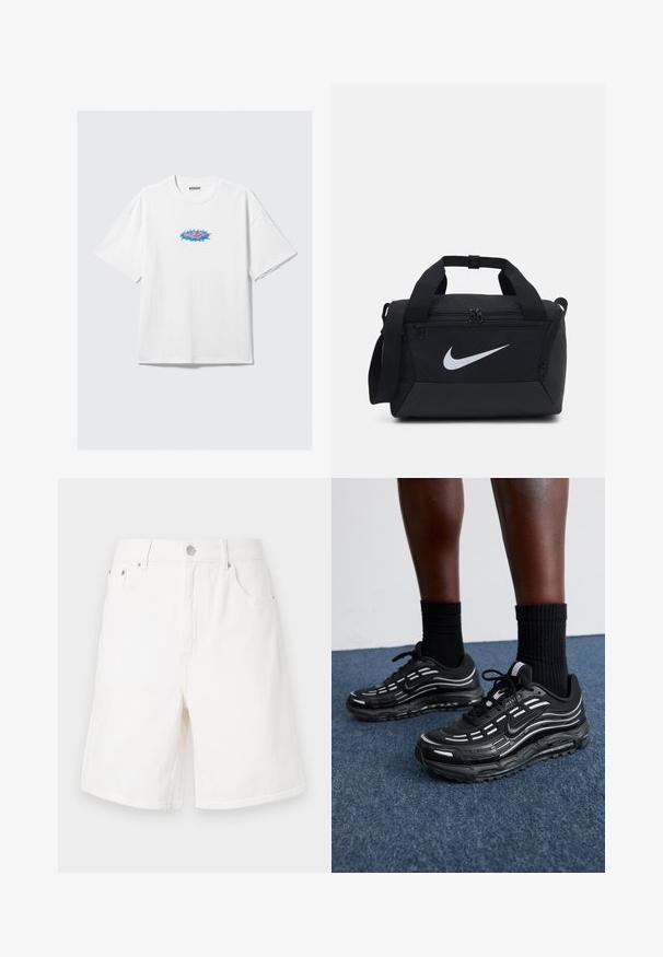 Witte katoenen t-shirt met een oversized pasvorm, voorzien van een kleurrijk grafisch ontwerp in roze en blauw aan de voorkant. Ronde hals, korte mouwen.; Witte denim shorts met een rechte snit, vijf zakken en een zilveren knoopsluiting. Heeft een stevige textuur en afgewerkte randen.; Zwarte Nike-schoenen hebben een bovenwerk van mesh met accentstreepjes, getextureerde veters en een zwarte rubberen zool. Draag ze met zwarte geribde sokken.; Zwarte sporttas van gladde stof, met dubbele ritscompartimenten, gevoerde handvatten en een groot wit Nike-logo aan de voorkant.