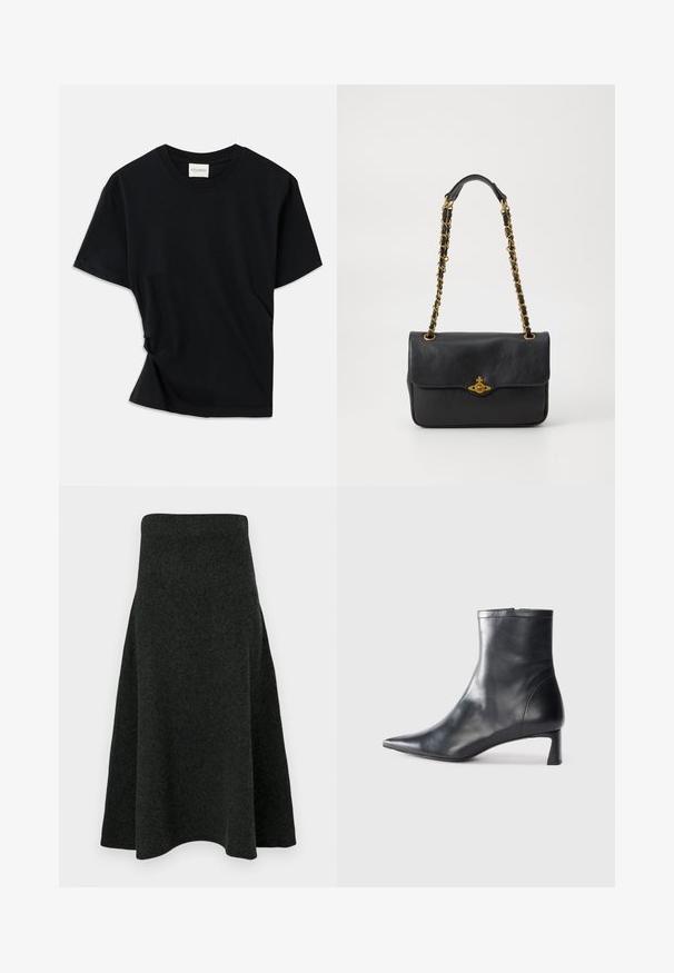 Melnā T-krekls, izgatavots no mīksta kokvilnas, ar apaļu izgriezumu, īsām piedurknēm un nedaudz izlocītu dizainu, kas nodrošina brīvu piegulšanu.; Tumši zaļa vilnas svārki ar platu siluetu, augstu jostasvietu un gludu tekstūru. Malas ir maigi izliekts, lai radītu plūstošu izskatu.; Melnas ādas potītes zābaki ar norādītu pirkstu un elegantu dizainu. Iezīmē zemu papēdi un rāvējslēdzēja aizdari aizmugurē. Gluda tekstūra.; Melnas ādas rokassoma ar salokāmu atloku, zelta toņa ķēdes siksnu un logo aparatūru priekšpusē. Gluda virsma.