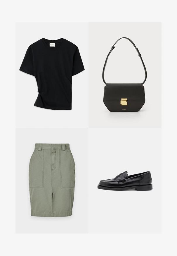 Čierne tričko vyrobené z mäkkej bavlny, s okrúhlym výstrihom, krátkymi rukávmi a mierne skrúteným dizajnom pre pohodlný strih.; Khaki bavlnená sukňa s rovný fitom, dvoma prednými vreckami, zipsovým zapínaním a pútkami na opasok. Hladká textúra s jemným leskom.; CLOSED LOAFER - Našuchovačky - black; CLOSED CLOSED ONE - Taška cez plece - black