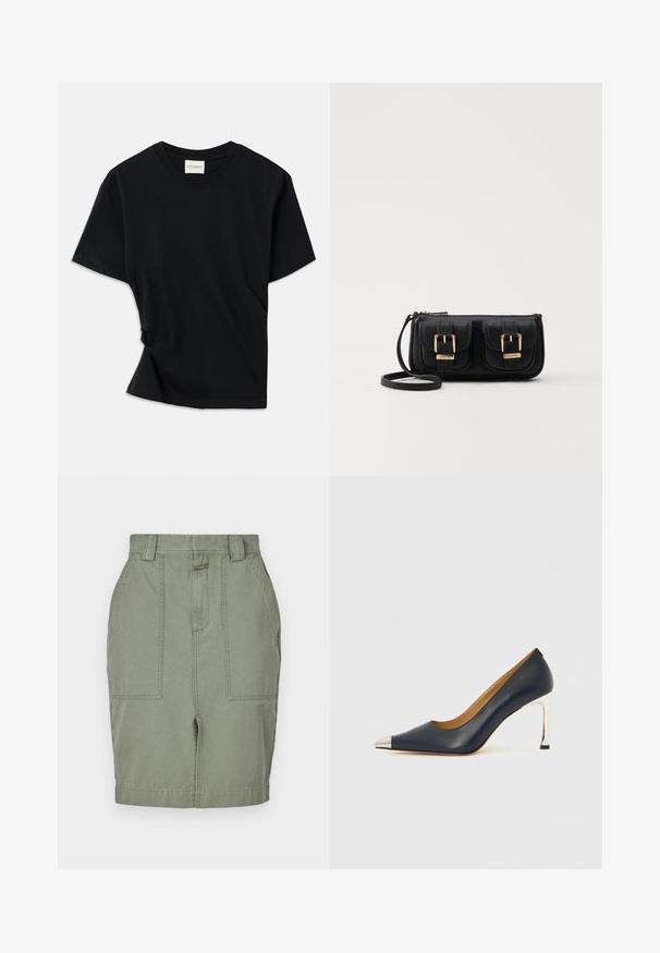 Svart t-skjorte laget av myk bomull, med rund hals, korte ermer og et lett vridd design for en avslappet passform.; Kaki bomullsskjørt med rett passform, to frontlommer, glidelås lukk og beltestropper. Glatt tekstur med en subtil glans.; Marineblå høyhælte skinnsko med spiss tå, som har en sølvfarget metallhatt og en blank sølvfarget stiletthæl.; Svart skinn crossbody veske med to frontlommer, gyldne spenner, glidelåslukking og en slank stropp. Teksturert overflate og kompakt rektangulær form.