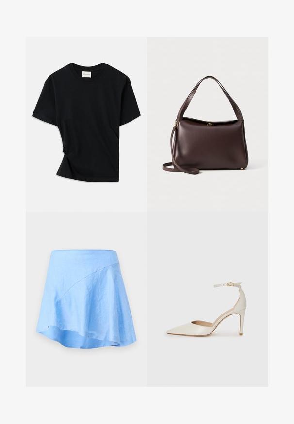 Čierne tričko vyrobené z mäkkej bavlny, s okrúhlym výstrihom, krátkymi rukávmi a mierne skrúteným dizajnom pre pohodlný strih.; Svetlomodrá ľanová sukňa s A-linovým strihom a asymetrickým lemom. Vyznačuje sa hladkou textúrou a minimálnymi švovými detailmi.; Biele kožené topánky na vysokom podpätku s špicatou špičkou, remienkom okolo členka a štíhlym stiletto podpätkom. Hladký povrch s jemným lesklým povrchom.; Hnedá kožená kabelka so štruktúrovaným tvarom, s jedným horným uchom a odnímateľným ramenným popruhom. Detail v zlatej farbe.