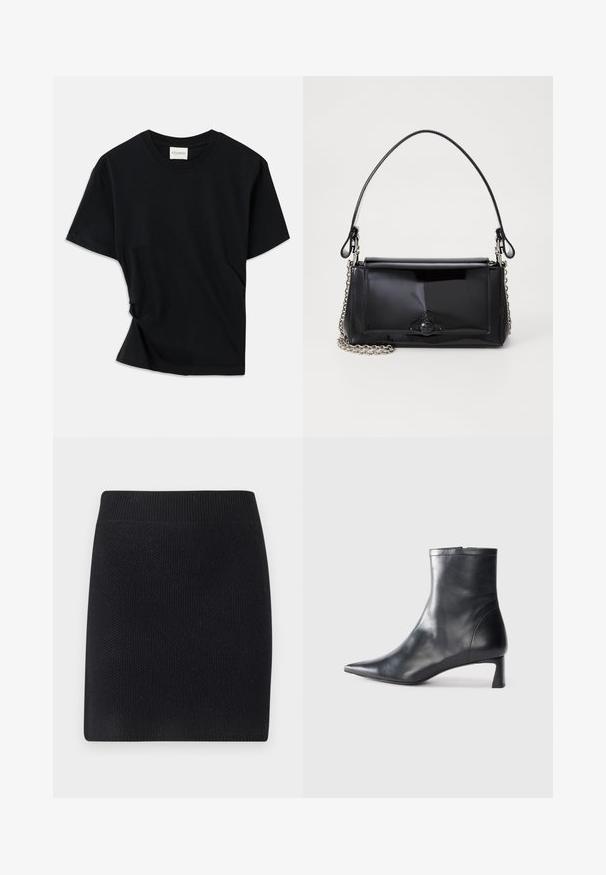 Tricou negru din bumbac moale, cu guler rotund, mâneci scurte și un design ușor răsucit pentru o potrivire confortabilă.; Fustă neagră tricotată, cu o formă dreaptă. Dispune de un tiv lat și elastic și o finisare texturată, potrivită pentru ținute casual.; Cizmă de gleznă din piele neagră cu vârf ascuțit și un design elegant. Dispune de un toc mic și de o închidere cu fermoar la spate. Textură netedă.; Geantă din piele patent neagră, cu o formă rectangulară, mânere din lanț și un accent distinctiv din metal în centru. Textură netedă.