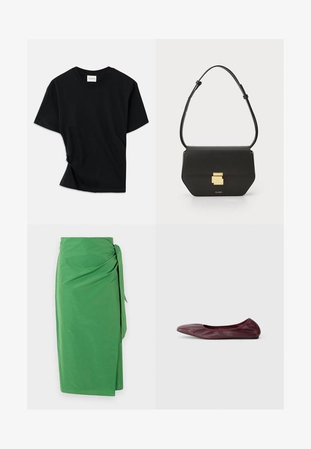 Zwarte t-shirt van zachte katoen, met een ronde hals, korte mouwen en een licht gedraaide stijl voor een ontspannen pasvorm.; Groene wikkelrok van lichtgewicht stof met een gestrikt accent in de taille en een gladde textuur, met een zijsplit voor gemak in beweging.; Ballet flats in diep bordeauxleer, met een rond neuspunt, elastische rand en een gladde textuur met subtiele plooidetails.; CLOSED CLOSED ONE - Schoudertas - black