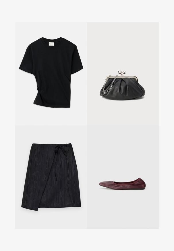 Fekete póló, puha pamutból készült, kerek nyakkivágással, rövid ujjakkal és enyhén csavart kialakítással, amely lazább illeszkedést biztosít.; Fekete dolgokkal ellátott szoknya, fás textúrával, derékon megkötős zárással és egyenes sziluettel.; Burgundi színű, mély bőrből készült balerina cipő, lekerekített orral, rugalmas szegéllyel és sima felülettel, finom redőzéssel.; Fekete bőr táska ráncolt textúrával, ezüst színű fémszerkezettel, csattal záródó fedéllel és láncos pánttal. Simító, puha felület.
