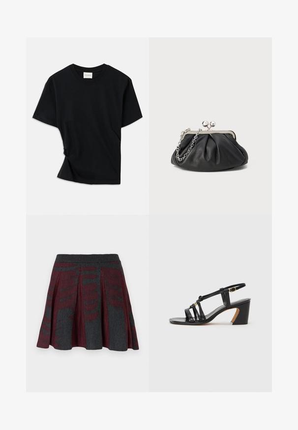 Czarny t-shirt wykonany z miękkiej bawełny, z okrągłym dekoltem, krótkimi rękawami i lekko skręconym fasonem zapewniającym luźny krój.; Dzianinowa, plisowana mini spódnica w maroon i ciemnoszary abstrakcyjny wzór oraz prążkowany pas.; Paul Smith AMIRA czarny; Czarna skórzana kopertówka o marszczonej teksturze, srebrna metalowa rama, zamek na zatrzask i łańcuszek. Gładka, miękka powierzchnia.