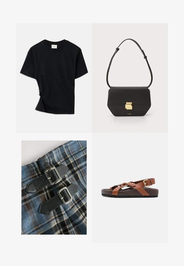 Sort t-shirt lavet af blødt bomuld, med rund halsudskæring, korte ærmer og et let skrået design for en afslappet pasform.; Rutmønstret tekstil i blå, brun og sort farve, med to sorte PU-læderremme med sølvspænder i taljen. Lynlåsen er synlig.; Brun lædersandal med flad sål, justerbar ankelrem og guld hardware-accenter. Har tværsnitsremme og et struktureret design.; CLOSED CLOSED ONE - Skuldertasker - black