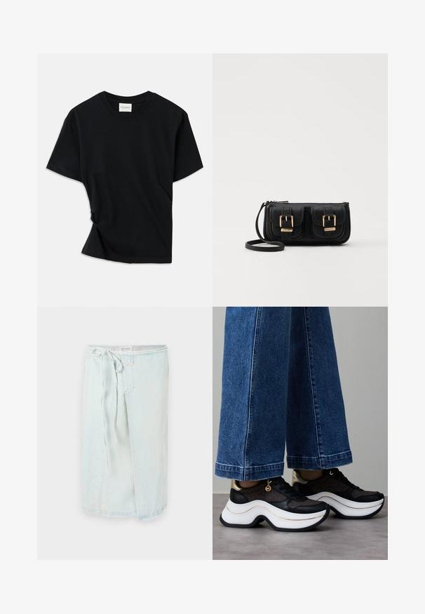Crna majica s kratkim rukavima izrađena od mekog pamuka, s okruglim izrezom i blago zakrivljenim dizajnom za opušteni izgled.; Svijetloplava traper suknja s vezanjem u struku, s prednjim prorezom i sirokim rubom. Izrađena od mekanog traper materijala za udobnost i lakoću kretanja.; Crne i zlatne tenisice s zakrivljenim bijelim potplatom. Teksturirani materijal s logotipnim detaljima. Uparen s širokim plavim trapericama.; Crna kožna torba preko ramena s dva prednja džepa, zlatnim kopčama, zatvaranjem na zip i uskim remenom. Teksturirana površina i kompaktan pravokutan oblik.