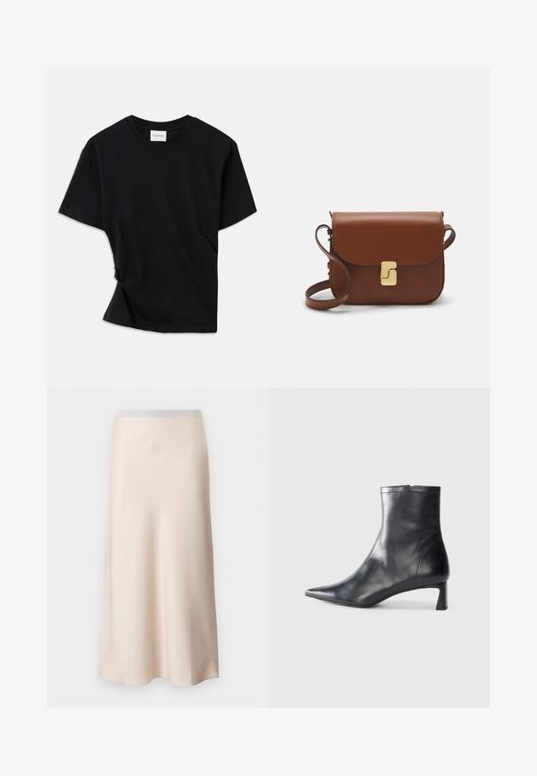 Fekete póló, puha pamutból készült, kerek nyakkivágással, rövid ujjakkal és enyhén csavart kialakítással, amely lazább illeszkedést biztosít.; Világos bézs midi szoknya sima, selyemfényű felülettel és világosszürke elasztikus derékpánttal. A fazon bővülő designt mutat, amely a szegély felé keskenyedik.; Fekete bőr bokacsizma hegyes orral és letisztult dizájnnal. Alacsony sarka és hátsó cipzáras záródása van. Simának tűnő textúra.; Barna bőr kézitáska, hajtókás zárással, arany színű fém kiegészítőkkel, vállpánttal és sima felülettel. Kompakt téglalap alakú.