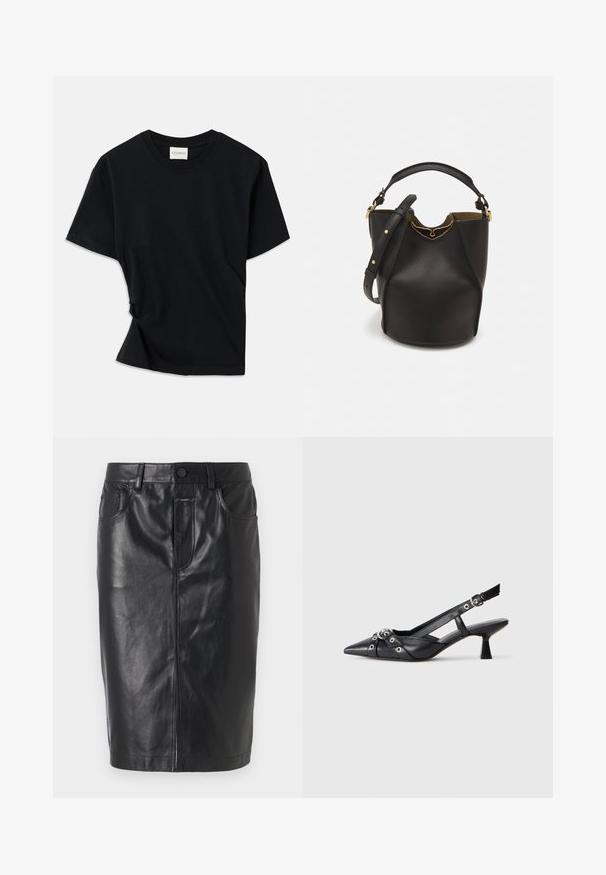 Čierne tričko vyrobené z mäkkej bavlny, s okrúhlym výstrihom, krátkymi rukávmi a mierne skrúteným dizajnom pre pohodlný strih.; Čierna kožená sukňa s priliehajúcim strihom, stredne dlhý strih, predný zips a dve vrecká. Hladká textura s viditeľnými švovými akcentmi.; Čierne kožené slingback topánky s špicatou špičkou, ozdobnými popruhmi s kovovými očkami a nízkym blokovým podpätkom. Textúrovaný povrch.; Čierna kožená vedro taška s textúrovaným povrchom, zlatými kovovými detailami a otvoreným vrcholom. Obsahuje krátku rukoväť a nastaviteľný ramenný popruh.