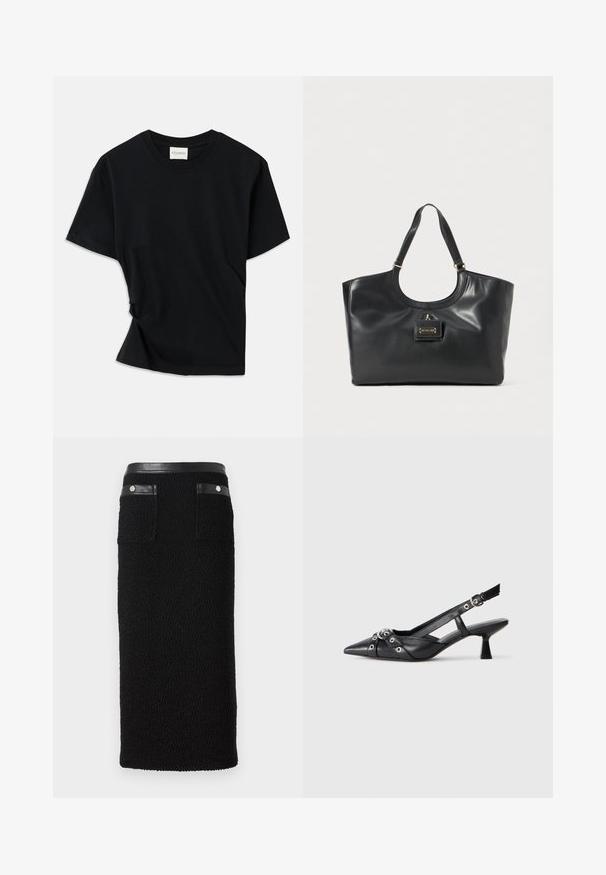 T-shirt noir en coton doux, doté d'un col rond, de manches courtes et d'un design légèrement torsadé pour une coupe décontractée.; Jupe crayon noire en matériau texturé, avec une taille noire lisse, deux poches arrière avec des accents en argent.; Chaussure slingback en cuir noir avec un bout pointu, des sangles décoratives avec œillets en métal et un petit talon carré. Surface texturée.; Sac fourre-tout en cuir noir avec une finition brillante, un sommet arrondi, deux bretelles et un accent en métal doré sur le devant.