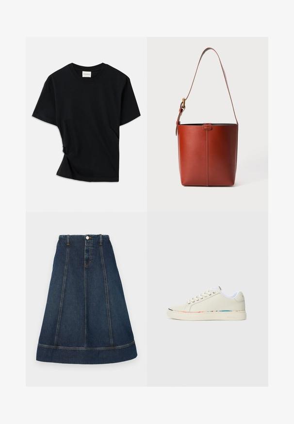 Fekete póló, puha pamutból készült, kerek nyakkivágással, rövid ujjakkal és enyhén csavart kialakítással, amely lazább illeszkedést biztosít.; Sötétkék farmer A-vonalú szoknya, gombos derékkal, öt övtartóval és kontrasztos varrással. Térdig érő, hemzett széllel.; Zsónás, alacsony, fűzős sneaker off-white színben, fehér belső béléssel és diszkrét, több színű díszítéssel a talp szélén, oldalnézet.; Barna bőr vödör táska állítható vállpánttal és aranyszínű csattal, egyszerű függőleges varrással az elején.