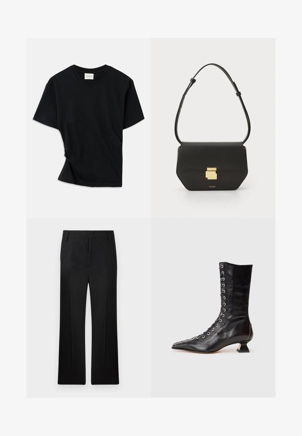 Fekete póló, puha pamutból készült, kerek nyakkivágással, rövid ujjakkal és enyhén csavart kialakítással, amely lazább illeszkedést biztosít.; Fekete nadrág, egyenes szárú dizájn, sima anyagból készült. Diszkrét elülső hajtással és lapos derékkal rendelkezik, övhurkokkal.; Fekete bőr bokacsizma hegyes orral, elöl fűzős, fémből készült fűzőlyukakkal, alacsony blokksarkú és letisztult dizájnnal. Sima textúra, modern sziluett.; CLOSED CLOSED ONE - Keresztpántos táska - black