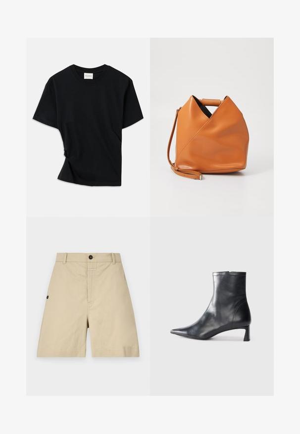 Fekete póló, puha pamutból készült, kerek nyakkivágással, rövid ujjakkal és enyhén csavart kialakítással, amely lazább illeszkedést biztosít.; Beige pamut sort, amely normál szabású, gombos záródású, oldzsebes és diszkrét varrással rendelkezik. Sima felszín és térd feletti kialakítás.; Fekete bőr bokacsizma hegyes orral és letisztult dizájnnal. Alacsony sarka és hátsó cipzáras záródása van. Simának tűnő textúra.; Barna bőr kézitáska egyedi háromszög alakú hajtásdizájnnal, felső fogantyúval és levehető vállpánttal, fehér háttér előtt.