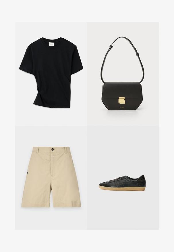 Sort t-shirt lavet af blødt bomuld, med rund halsudskæring, korte ærmer og et let skrået design for en afslappet pasform.; Beige bomuldsbukser med en almindelig pasform, knaplukning, sidelommer og subtile syninger. Glat tekstur og knælangt design.; Sorte lædersneakers med nubuck-detaljer, rund tå, gummisål, flade snørebånd og syet pynt. Har brandlogo på hælen.; CLOSED CLOSED ONE - Skuldertasker - black