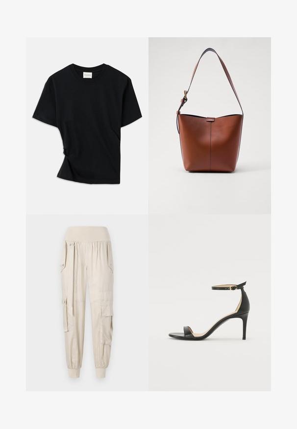 Schwarzes T-Shirt aus weicher Baumwolle mit Rundhalsausschnitt, kurzen Ärmeln und einem leicht gedrehten Design für eine lockere Passform.; Beige Cargo-Hosen mit elastischem Bund, schmal zulaufenden Bündchen, Seitentaschen und Knopfdetails. Aus leichtem Stoff mit glatter Textur gefertigt.; Schwarze Leder-high-heeled Sandale mit Knöchelriemen. Verfügt über eine glatte Textur, offene Zehen und einen dünnen Absatz. Goldfarbener Schnallenakzent.; Braune Leder-Schultertasche mit geschwungener Form, glatter Textur und einem einzelnen dünnen Trageriemen. Verfügt über eine dezente Naht und ein kleines Logodetail.