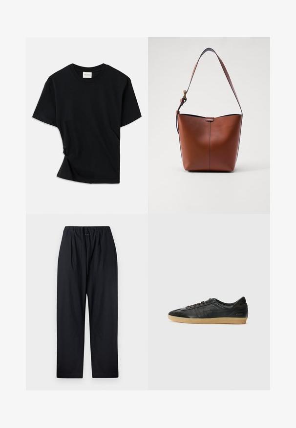 Juodas marškinėlis, pagamintas iš minkštos medvilnės, su apvalia iškirpte, trumpomis rankovėmis ir šiek tiek sukurtu dizainu, užtikrinančiu laisvą prigludimą.; Juodos, laisvos fasono kelnės, pagamintos iš lengvos medžiagos, su elastinga juosmens juosta ir virvute, tiesaus kirpimo.; Juodų odinių sportbačių su zomšos akcentais, apvaliu pirštu, guminėmis padangomis, plokščiomis raišteliais ir siūlės detalėmis. Ant kulno yra prekės ženklo logotipas.; Ruda odinė petinė rankinė su kreivam formu, lygia tekstūra ir viena plona juosta. Yra švelni siūlė ir mažas logotipo elementas.