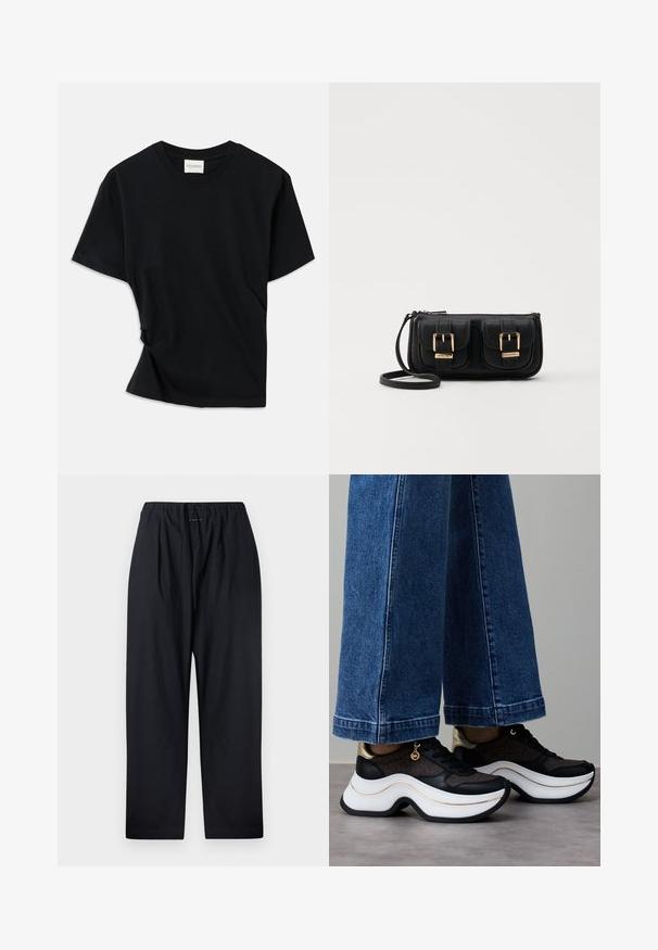 Čierne tričko vyrobené z mäkkej bavlny, s okrúhlym výstrihom, krátkymi rukávmi a mierne skrúteným dizajnom pre pohodlný strih.; Čierne nohavice vo voľnom strihu vyrobené z ľahkej tkaniny, s elastickým pásom na šnúrku a rovnými nohavicami.; Čierne a zlaté tenisky s krivou bielou podrážkou. Textúrovaná látka s logotypovými akcentmi. Kombinované so širokými modrými rifľovými nohavicami.; Čierna kožená crossbody taška s dvoma prednými vreckami, zlatými sponami, zipsovým uzatváraním a úzkym popruhom. Štruktúrovaný povrch a kompaktný obdĺžnikový tvar.