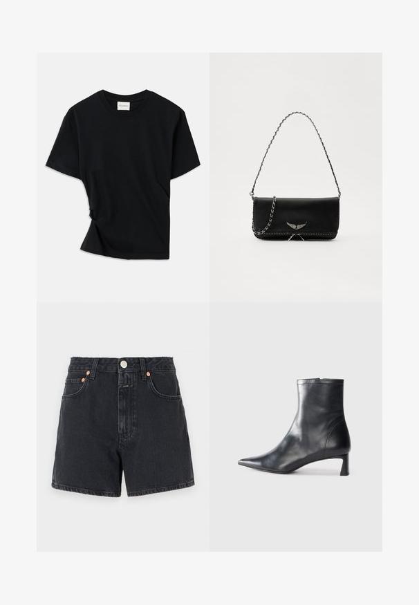 Juodas marškinėlis, pagamintas iš minkštos medvilnės, su apvalia iškirpte, trumpomis rankovėmis ir šiek tiek sukurtu dizainu, užtikrinančiu laisvą prigludimą.; CLOSED JANEY - Džinsiniai šortai - dark grey; Juodas odinis kulkšninis batas su smailiu pirštu ir elegantišku dizainu. Turi žemą kulną ir užtrauktuką gale. Lygi tekstūra.; Juodas odinis delninukas su sidabro spalvos grandinele, papuoštas dekoratyviniais sparnų akcentais ir balta siūle apačioje.