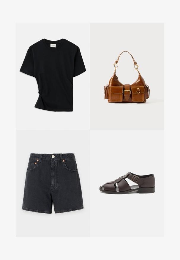 Čierne tričko vyrobené z mäkkej bavlny, s okrúhlym výstrihom, krátkymi rukávmi a mierne skrúteným dizajnom pre pohodlný strih.; CLOSED JANEY - Denimové šortky - dark grey; Hnedé kožené sandále s otvorenou špičkou, s viacerými popruhmi, bočnou prackou a nízkym blokovým podpätkom. Hladká textúra.; Hnedá kožená kabelka s zakriveným tvarom, dvojitým zlatým kovovým doplnkom, dvoma prednými vreckami a širokým popruhom. Hladká textúra s elegantným vzhľadom.