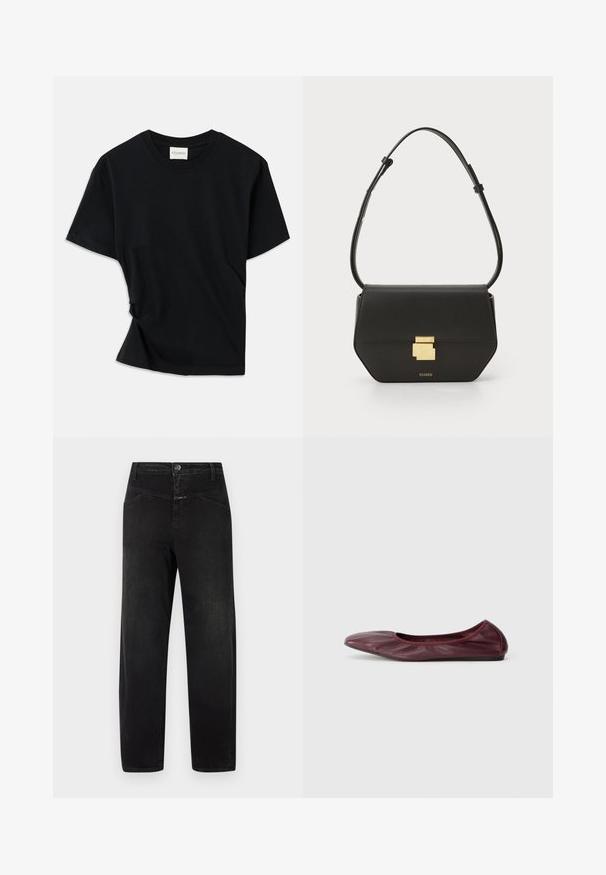 Must musta pehmeast puuvillast, millel on ümar kaelus, lühikesed varrukad ja kergelt keeratud disain, et tagada mugav istuvus.; Mustad denimist valmistatud mustad teksad, sirge lõikega, viie tasku stiilis, lihtsa nööbi ja tõmbluku sulgemisega.; Sügisene burgundi puhkepaar nahast ballett, millel on ümar nina, elastne serv ja sile tekstuur koos peene plekkimise detailiga.; CLOSED CLOSED ONE - Ülerinna-kott - black