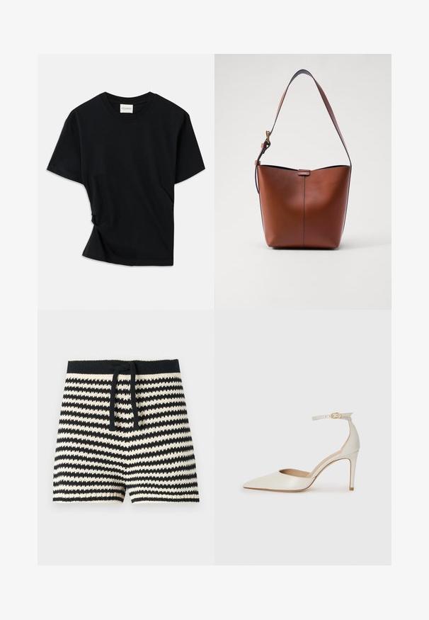 Black t-shirt made of soft cotton, featuring a crew neckline, short sleeves, and a slightly twisted design for a relaxed fit.; CLOSED Shorts - black; White leather high-heeled shoe with a pointed toe, ankle strap, and a slim stiletto heel. Smooth texture with subtle glossy finish.; Brown leather shoulder bag with a curved shape, smooth texture, and a single thin strap. Features a subtle seam and a small logo detail.