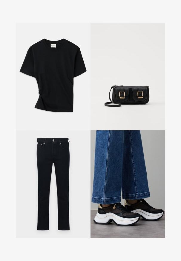 Black t-shirt made of soft cotton, featuring a crew neckline, short sleeves, and a slightly twisted design for a relaxed fit.; Black denim jeans with a fitted design, featuring a standard waistband, zip fly, and five-pocket styling. Smooth texture, straight legs.; Black and gold sneakers with a curved white sole. Textured fabric with logo accents. Paired with wide blue denim pants.; Black leather crossbody bag with two front pockets, gold buckles, zipper closure, and a slim strap. Textured surface and compact rectangular shape.