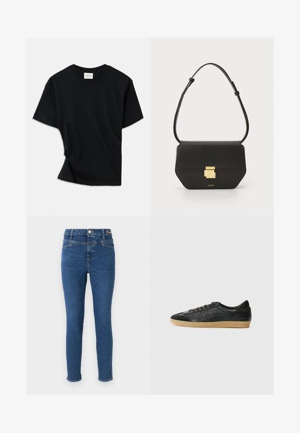 Fekete póló, puha pamutból készült, kerek nyakkivágással, rövid ujjakkal és enyhén csavart kialakítással, amely lazább illeszkedést biztosít.; Sötétkék farmer vékony nadrág, öt zsebbel, gombos záródással és kontrasztvarrással. Simaság, minimális kopással.; Fekete bőr sneaker velúrrészekkel, kerek orr, gumi talp, lapos fűzők és varrott részletezés. Jellemzője a márka logója a sarokon.; CLOSED CLOSED ONE - Keresztpántos táska - black