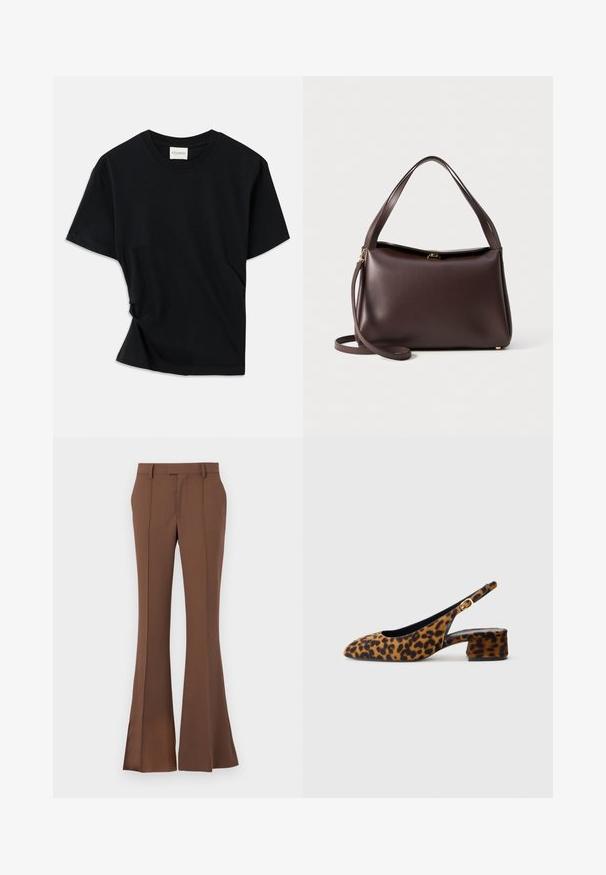 Melnā T-krekls, izgatavots no mīksta kokvilnas, ar apaļu izgriezumu, īsām piedurknēm un nedaudz izlocītu dizainu, kas nodrošina brīvu piegulšanu.; Brūni izvērsti bikses, izgatavotas no gludas auduma, ar plakanu priekšpusi, jostas cilpām un pielāgotu piegriezumu ar smalkiem krokas akcentiem.; Sieviešu leopardu raksta siksniņu kurpes ar zemu bloku papēdi un zelta sprādzi sānu siksniņā, attēlotas sānu profilā uz vienkārša fona.; Brūna ādas rokassoma ar strukturētu formu, kurai ir viens augšējais rokturis un noņemams plecu siksna. Ar zeltainu detaļu.