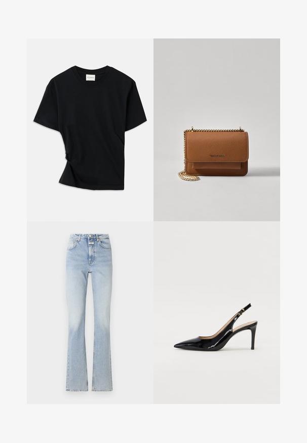 Črno majico iz mehkega bombaža odlikuje okrogla izreza, kratki rokavi in nekoliko zvit dizajn za sproščen fit.; Svetlo modri traper hlače z visokim pasom, razširjenimi nogavicami in subtilno bledilno teksturo. Imajo zaponko in zadrgo ter pet žepov.; Črne lakirane slingback čevlje z izostrenim nosom, ozkim peto in subtilnim izrezom. Na traku je zlata sponka.; Rjava teksturirana usnjena torba čez ramo z zlatim verižnim trakom in zapiranjem na pokrov. Spredaj je vidna podrobnost logotipa in žep pod pokrovom.