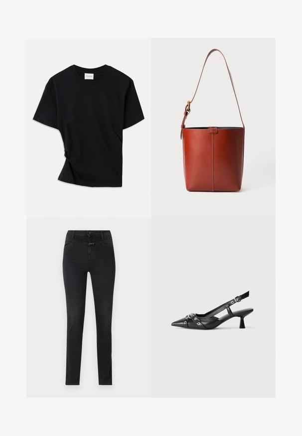 Camiseta negra hecha de algodón suave, con cuello redondo, mangas cortas y un diseño ligeramente retorcido para un ajuste relajado.; Jeans skinny de mezclilla negra con ajuste slim, diseño de cinco bolsillos, cierre de botón y cremallera, y sutilezas en las costuras.; Zapato de slingback negro de piel con punta afilada, correas decorativas con ojales de metal y un tacón bajo y ancho. Superficie texturizada.; Bolso de cuero marrón tipo cubo con correa para el hombro ajustable y hebilla dorada, con un simple detalle de costura vertical en la parte frontal.