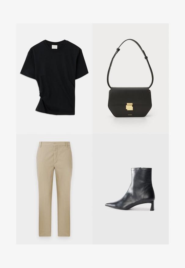 Fekete póló, puha pamutból készült, kerek nyakkivágással, rövid ujjakkal és enyhén csavart kialakítással, amely lazább illeszkedést biztosít.; Letis barna nadrág egyenes szabással, sima anyagból készült. Cipzáras záródással és övhurkokkal rendelkezik; minimális varrásokkal és látható minták nélküli.; Fekete bőr bokacsizma hegyes orral és letisztult dizájnnal. Alacsony sarka és hátsó cipzáras záródása van. Simának tűnő textúra.; CLOSED CLOSED ONE - Keresztpántos táska - black