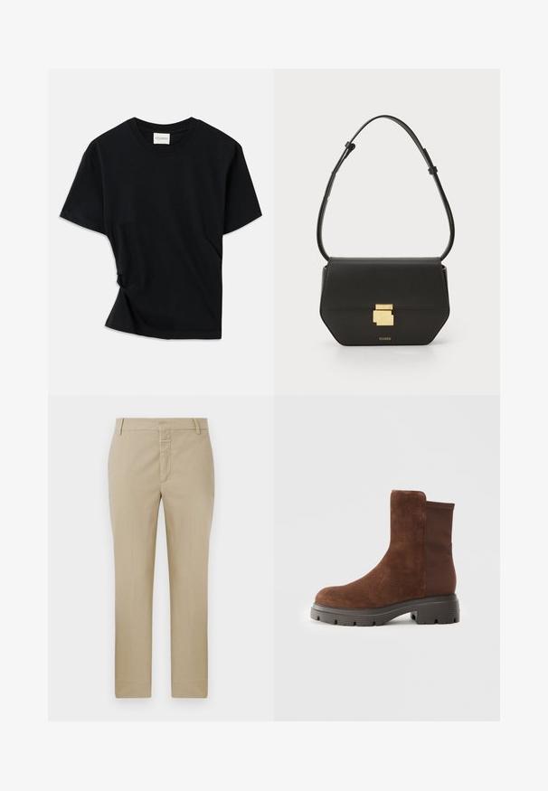 Zwarte t-shirt van zachte katoen, met een ronde hals, korte mouwen en een licht gedraaide stijl voor een ontspannen pasvorm.; Beige broeken met een rechte snit, gemaakt van een gladde stof. Kenmerken zijn een ritssluiting en riemlussen; minimale naden en geen zichtbare patronen.; Bruine suede enkellaars met elastische zijpanelen, ronde neus en een dikke rubberen zool met een gestructureerd loopvlakpatroon.; CLOSED CLOSED ONE - Schoudertas - black