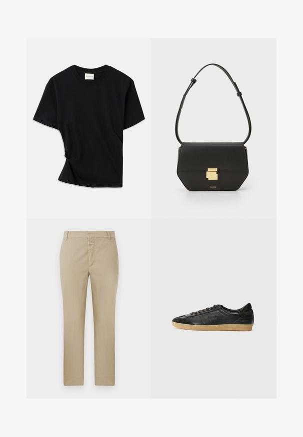 T-shirt preta feita de algodão macio, com decote redondo, mangas curtas e um design ligeiramente torcido para um ajuste descontraído.; Calças bege com corte reto, feitas de um tecido liso. Apresentam fecho de correr e passadores para cinto; costuras mínimas e sem padrões visíveis.; Sapatilhas de couro preto com detalhes em camurça, bico arredondado, sola de borracha de goma, atacadores planos e costuras decorativas. Apresenta o logótipo da marca no calcanhar.; CLOSED CLOSED ONE - Mala a tiracolo - black