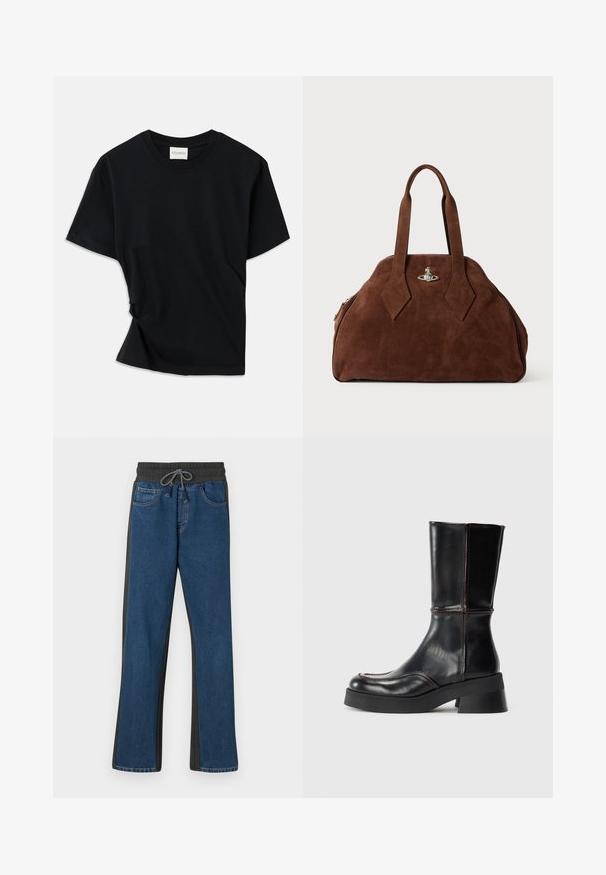 Black t-shirt made of soft cotton, featuring a crew neckline, short sleeves, and a slightly twisted design for a relaxed fit.; Denim jogger pants featuring a blue front, gray side panels, elastic waistband with drawstring, and classic five-pocket design.; Black leather ankle boot with a block heel, featuring contrast stitching and a curved toe design. Smooth texture, sleek silhouette.; Brown suede handbag with a structured shape, rounded body, and elongated diamond-shaped handles. Features a silver hardware closure.
