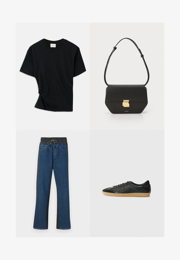 Fekete póló, puha pamutból készült, kerek nyakkivágással, rövid ujjakkal és enyhén csavart kialakítással, amely lazább illeszkedést biztosít.; Farmernadrág jogger fazonban, kék elülső résszel, szürke oldalsó panelekkel, rugalmas derékkal, zsinórral, és klasszikus öt zsebes kialakítással.; Fekete bőr sneaker velúrrészekkel, kerek orr, gumi talp, lapos fűzők és varrott részletezés. Jellemzője a márka logója a sarokon.; CLOSED CLOSED ONE - Keresztpántos táska - black