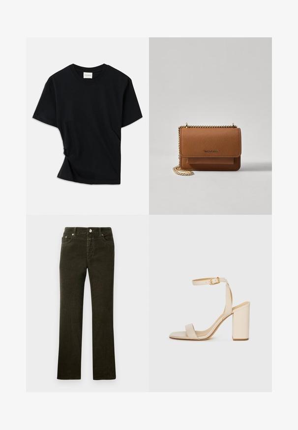 Svart t-skjorte laget av myk bomull, med rund hals, korte ermer og et lett vridd design for en avslappet passform.; Rett ben, mørke olivenfargede kordfløyelsbukser med fem lommer, metallknapp og glidelås. Myk tekstur med synlig kordmønster.; Beige høyhælte sandaler med firkantet tå, tynn ankelrem og blokk hæl. Glatt skinntekstur med gullspenne detaljer.; Brun teksturert lær crossover-veske med gullkjede-stropp og klaffelukking. Fronten har logo-detalj og en lomme under klaffen.