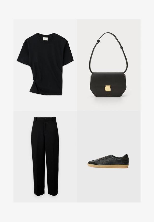Juodas marškinėlis, pagamintas iš minkštos medvilnės, su apvalia iškirpte, trumpomis rankovėmis ir šiek tiek sukurtu dizainu, užtikrinančiu laisvą prigludimą.; Juodi kelnės, pasiūtos iš lygios medžiagos, su sagčių uždarymu, diržo kilpomis ir tiesiomis kojomis.; Juodų odinių sportbačių su zomšos akcentais, apvaliu pirštu, guminėmis padangomis, plokščiomis raišteliais ir siūlės detalėmis. Ant kulno yra prekės ženklo logotipas.; CLOSED CLOSED ONE - Rankinė per petį - black